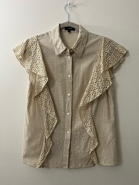 Theory Cream Eyelet Ruffle Button-Down Blouse